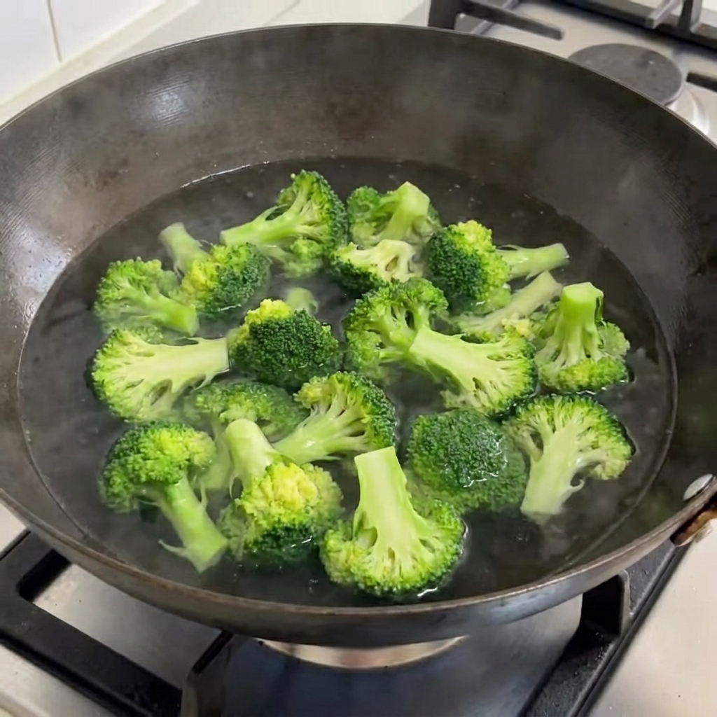 Broccoli florets boiling in a pan of water.
