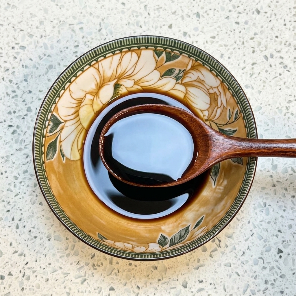A wooden spoon stirring soy sauce, dark soy sauce, honey, and water in a patterned ceramic bowl.