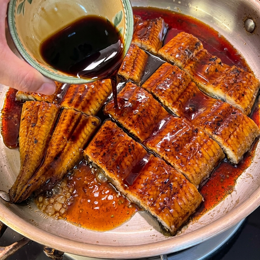 The sauce mixture being poured over the eel pieces, bubbling in the pan.