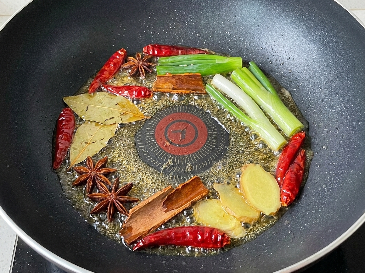 A mix of green onions, dried chilies, and whole spices frying in oil.