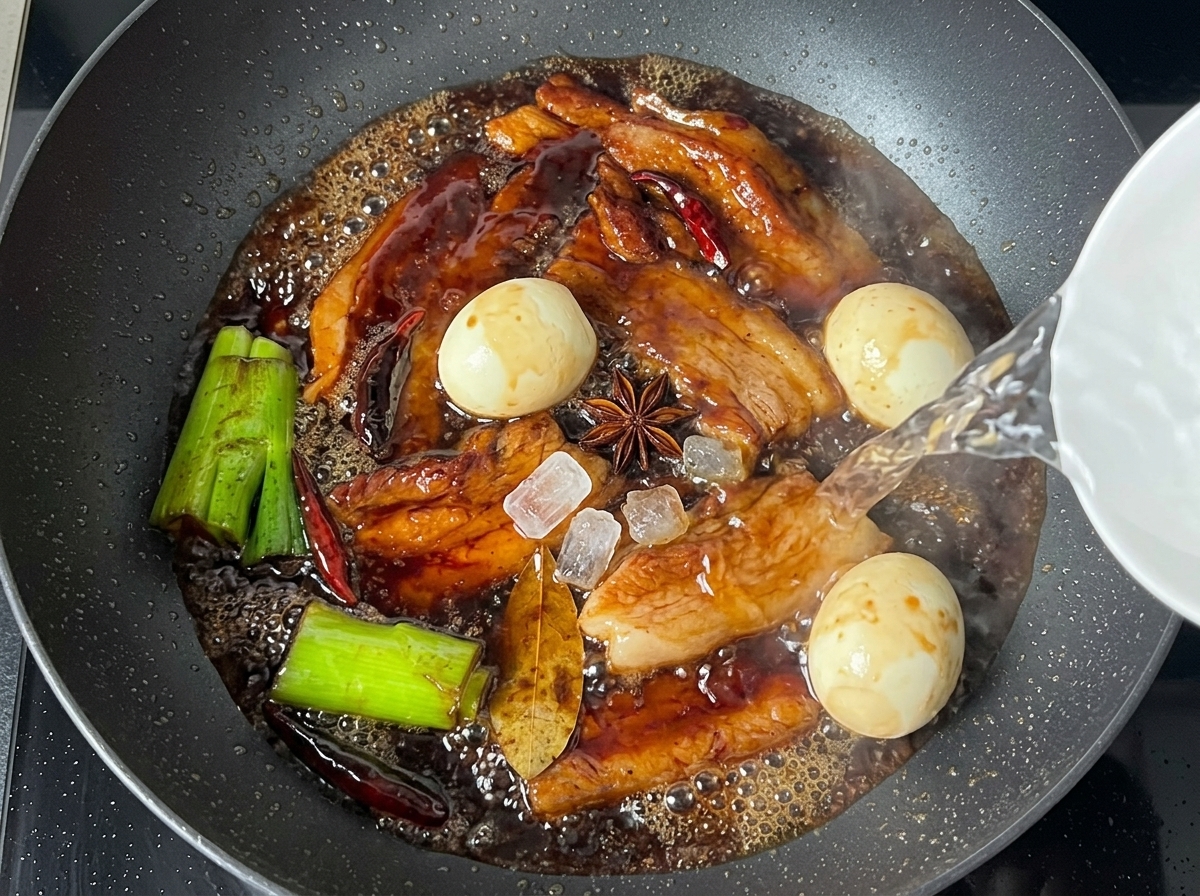 A pan containing pork belly, eggs, spices, and water simmering with rock sugar.