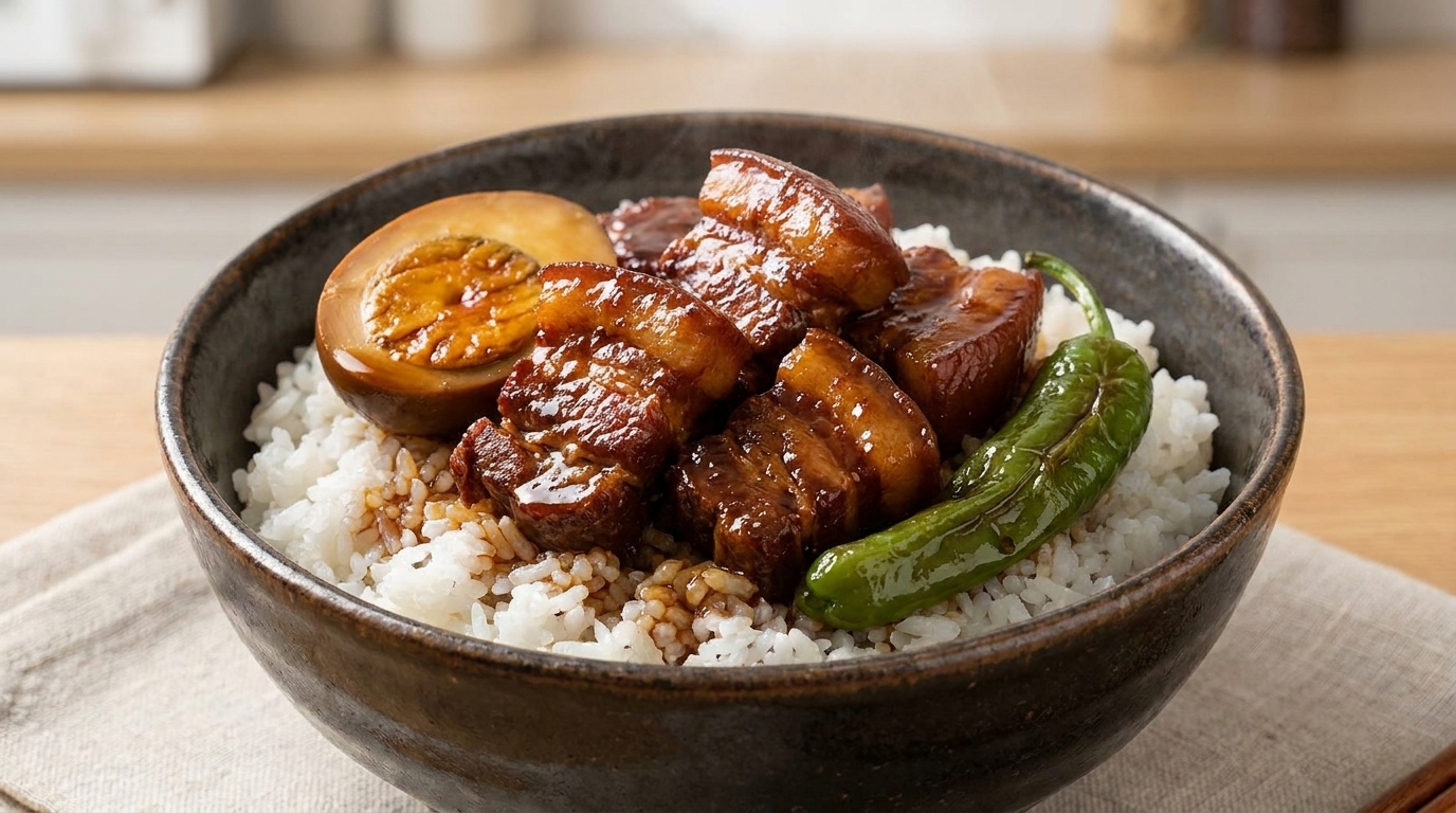 A comforting bowl of Bazi Meat featuring tender braised pork belly, a golden braised egg, and blistered green pepper over steamed white rice.