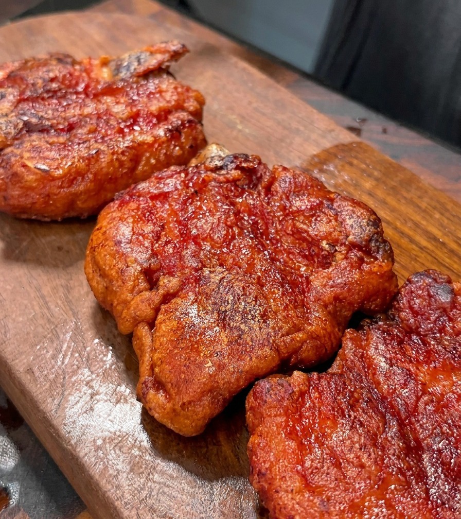 Crispy fried pork belly strips being sliced on a wooden board.