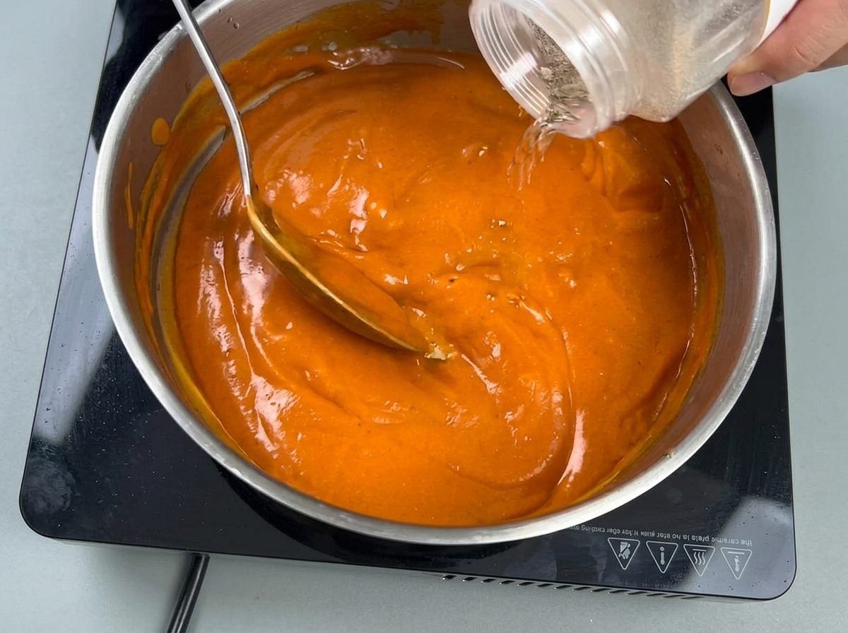 A luscious, vibrant red curry sauce simmering to perfection in a stainless steel pan.