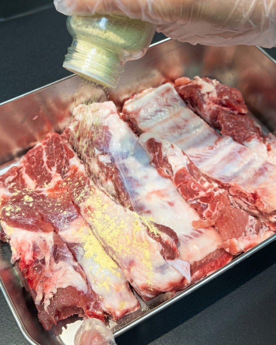 A hand sprinkling yellow garlic and ginger powder from a glass shaker onto raw pork ribs in a metal tray.