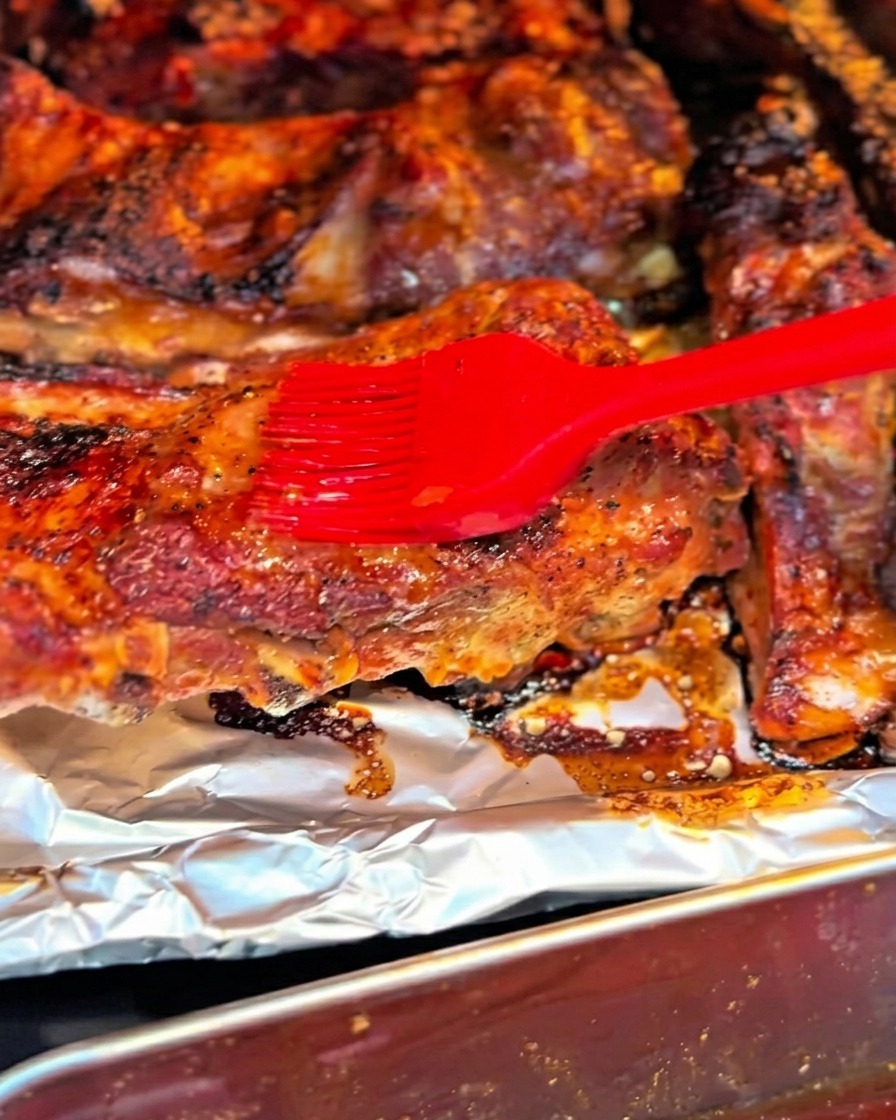 A red silicone brush applying a glossy glaze onto the surface of browning pork ribs.