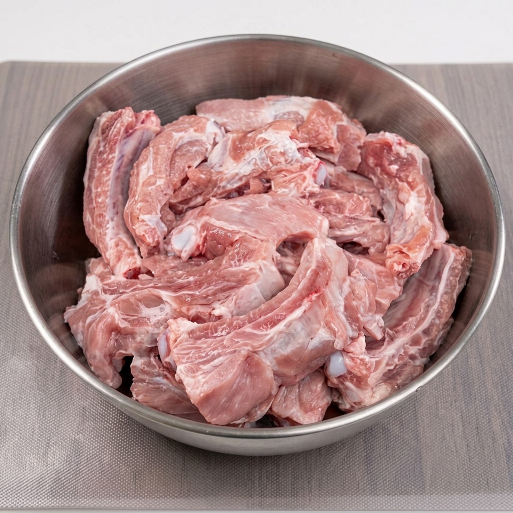 Fresh raw pork ribs submerged in a bowl of clear water.