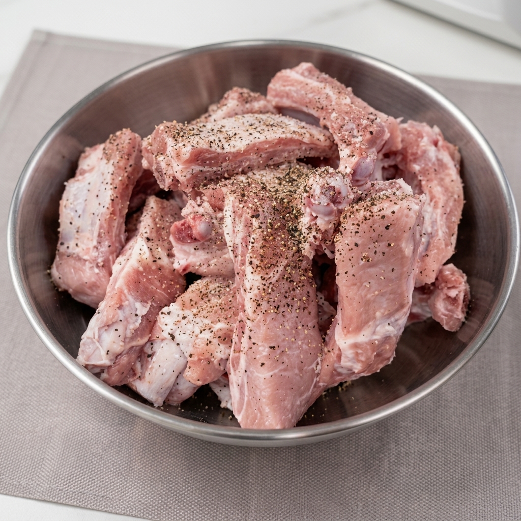 Seasoned raw pork ribs in a metal bowl with visible herbs and oil.