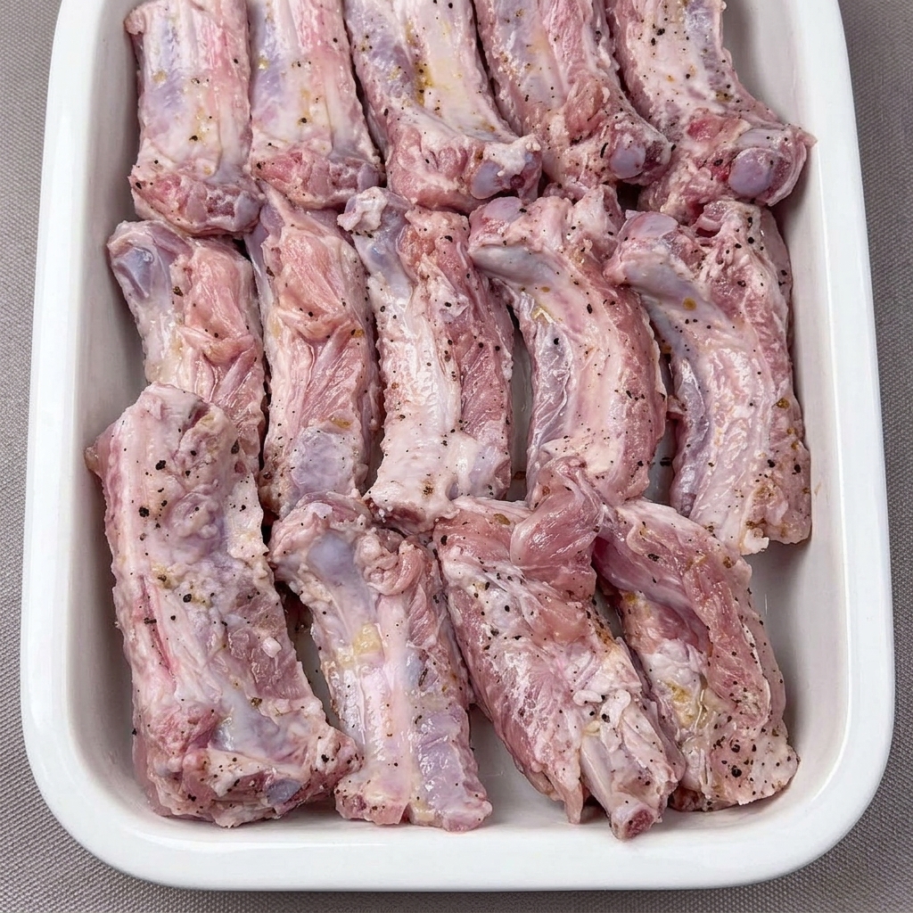 Seasoned pork ribs laid out neatly on a rack inside an air fryer basket.