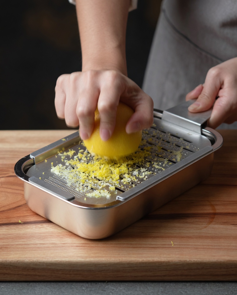 Hands rubbing a fresh lemon against a metal grater over a container.