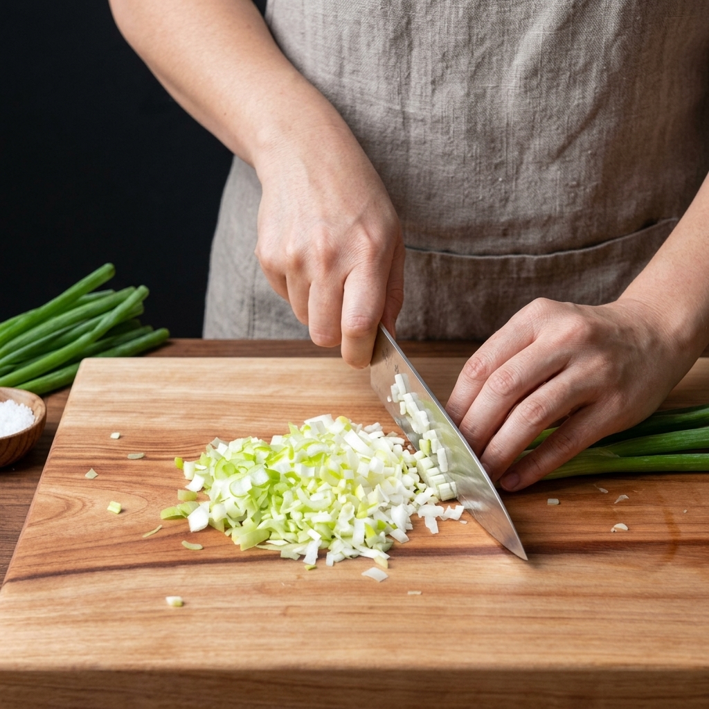 Hands using a chefs knife to chop a green onion on a wooden cutting board.
