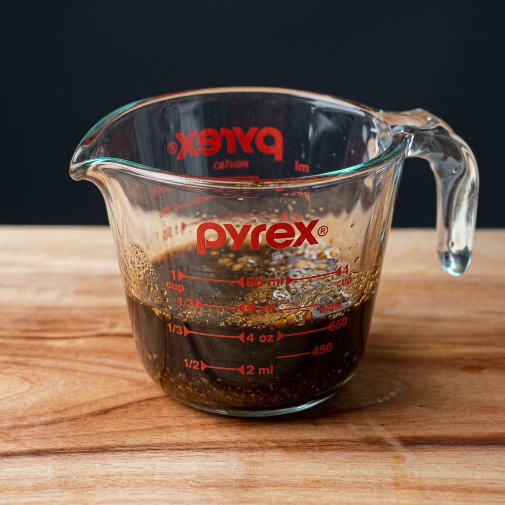 A clear glass measuring cup filled with a dark soy sauce-based marinade mixture.