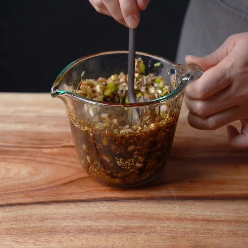 A hand using a spoon to stir a dark, chunky marinade inside a clear glass measuring cup.