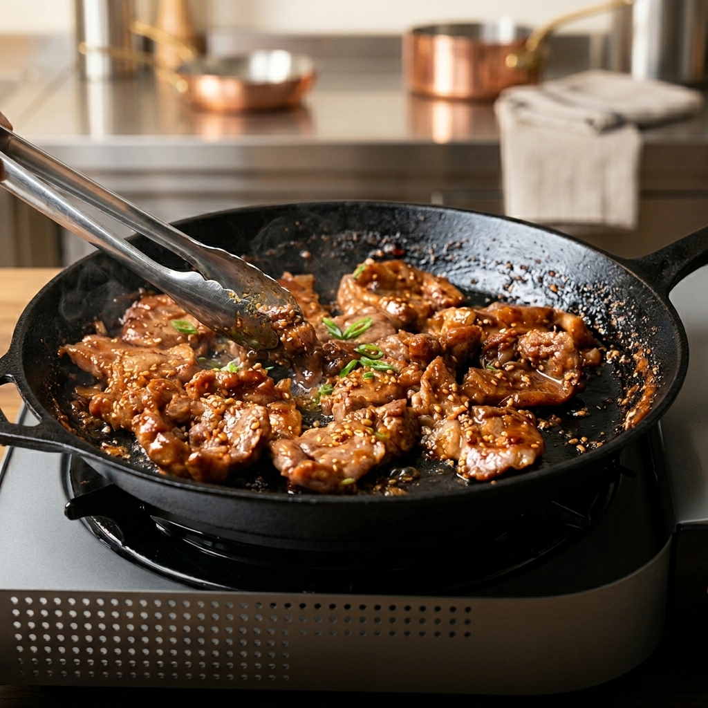 Pork ribs being turned in a hot skillet, coated in a thick, glossy, browned sauce.