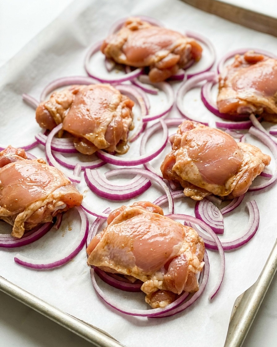 Marinated chicken drumsticks arranged on a parchment-lined baking tray over sliced red onions.