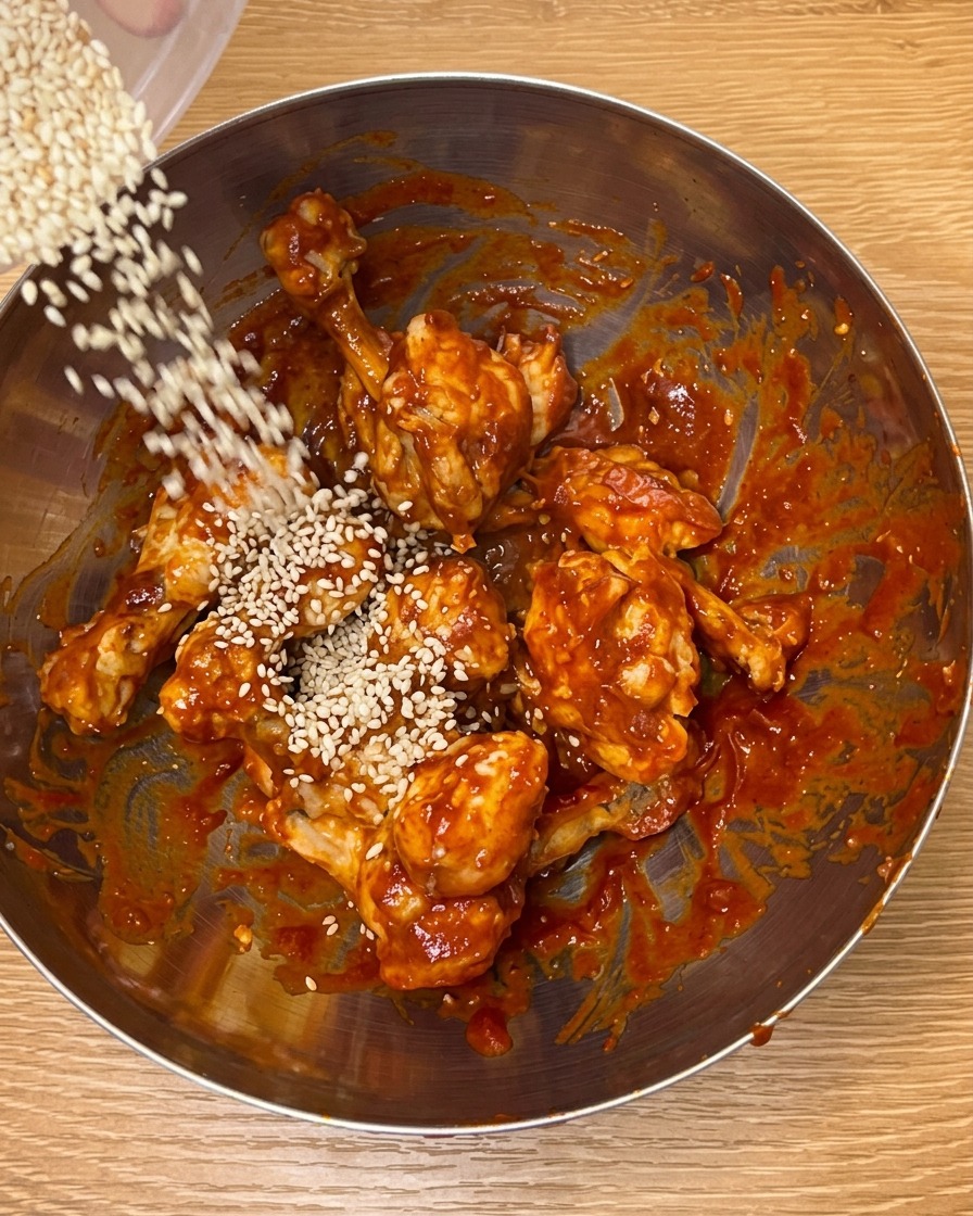 Toasted white sesame seeds being sprinkled over glazed chicken drumsticks in a bowl.