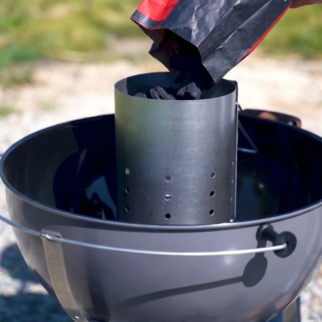 Charcoal briquettes filling a metal chimney starter, ready for lighting.
