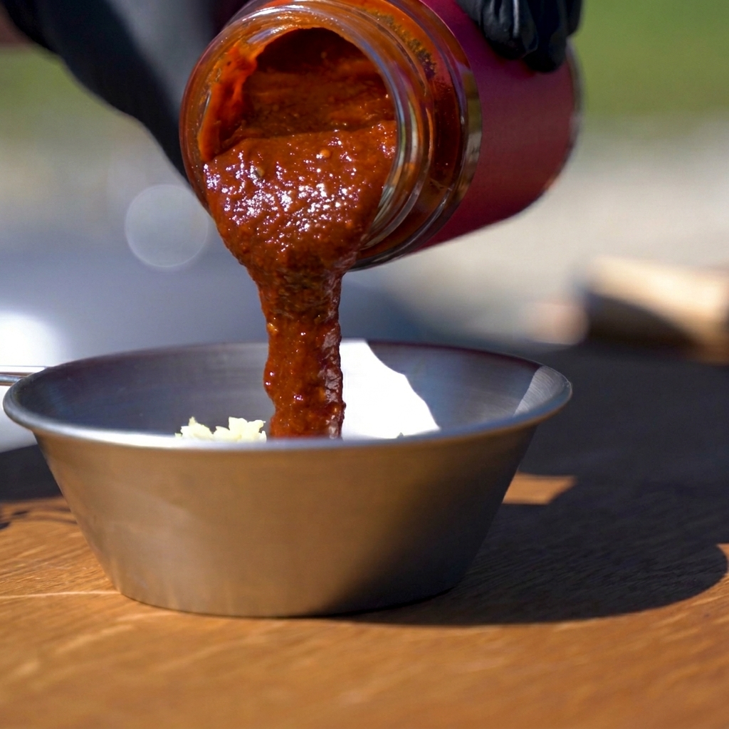A mixture of Korean chili sauce ingredients in a metal bowl, ready to be whisked.