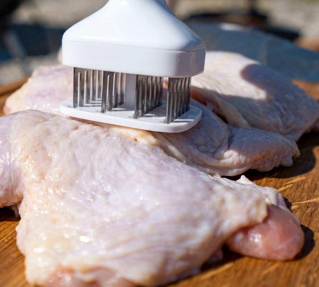 Raw chicken legs being prepared with a meat tenderizer on a wooden board.