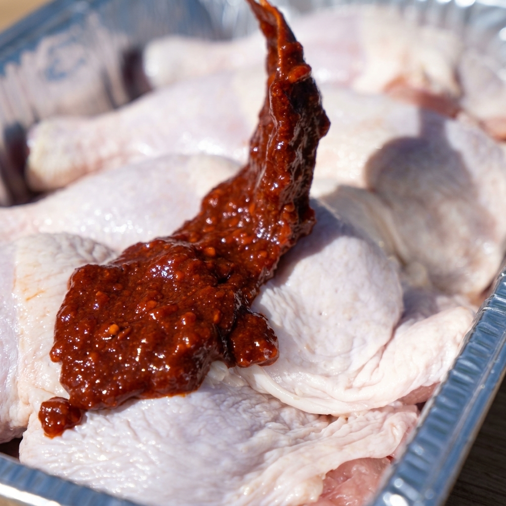 Chicken legs in an aluminum tray being coated with a vibrant red Korean chili sauce.