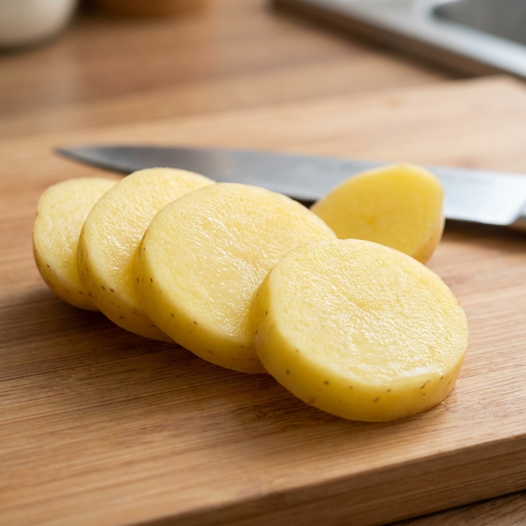Uniformly chopped potato slices resting on a wooden cutting board next to a knife.