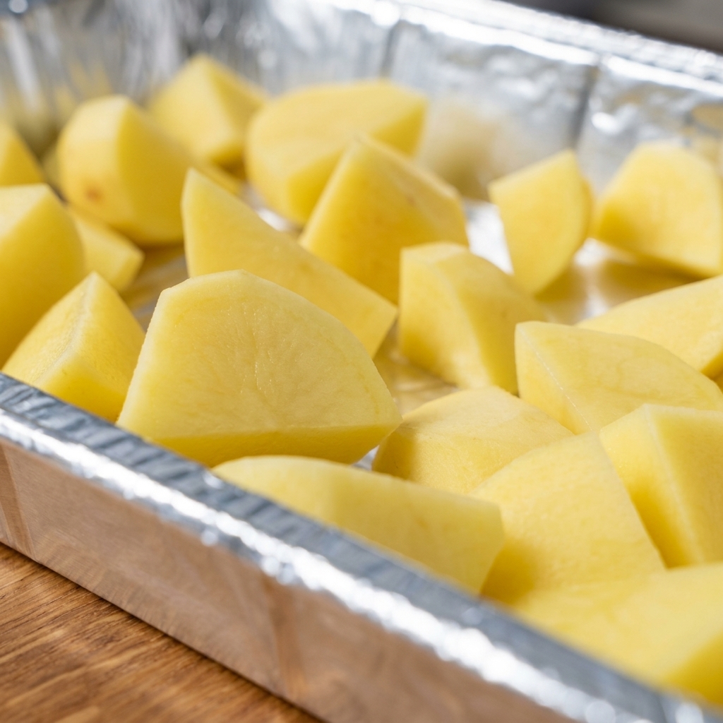 A base layer of chopped potatoes and fresh cabbage arranged in an aluminum tray.