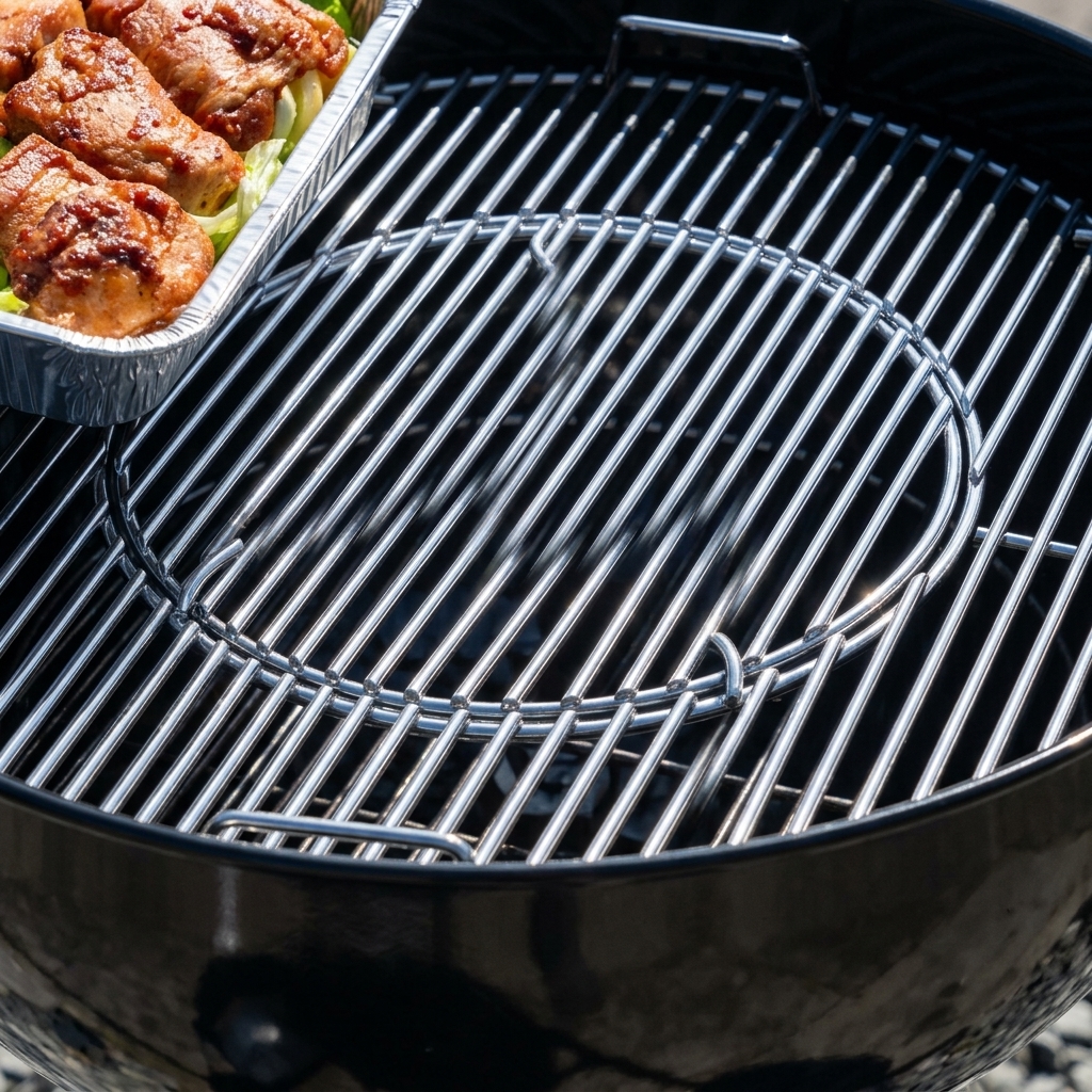An empty grill rack ready for the aluminum tray of chicken and vegetables.