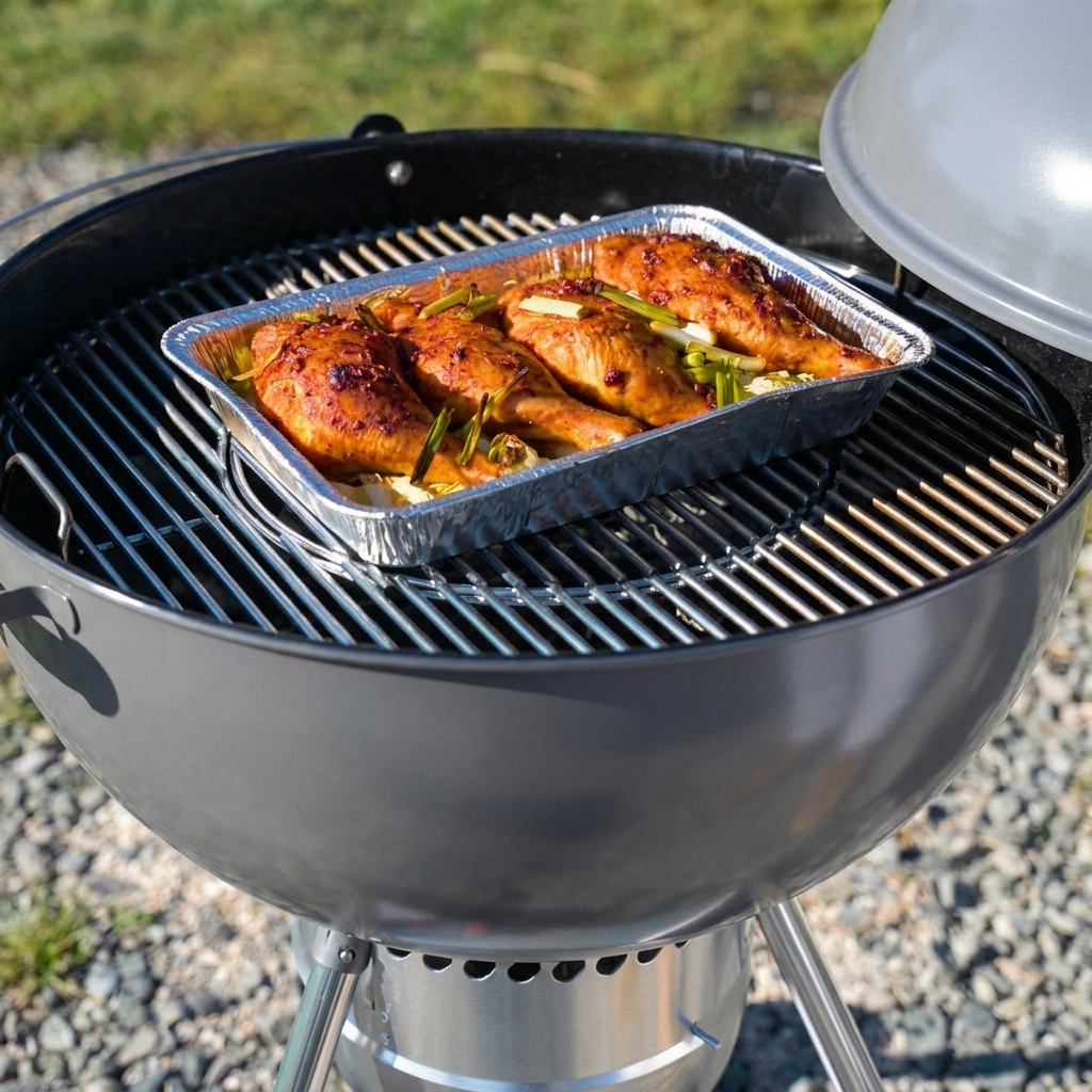 Chicken legs on the grill being coated with a thick red sauce.
