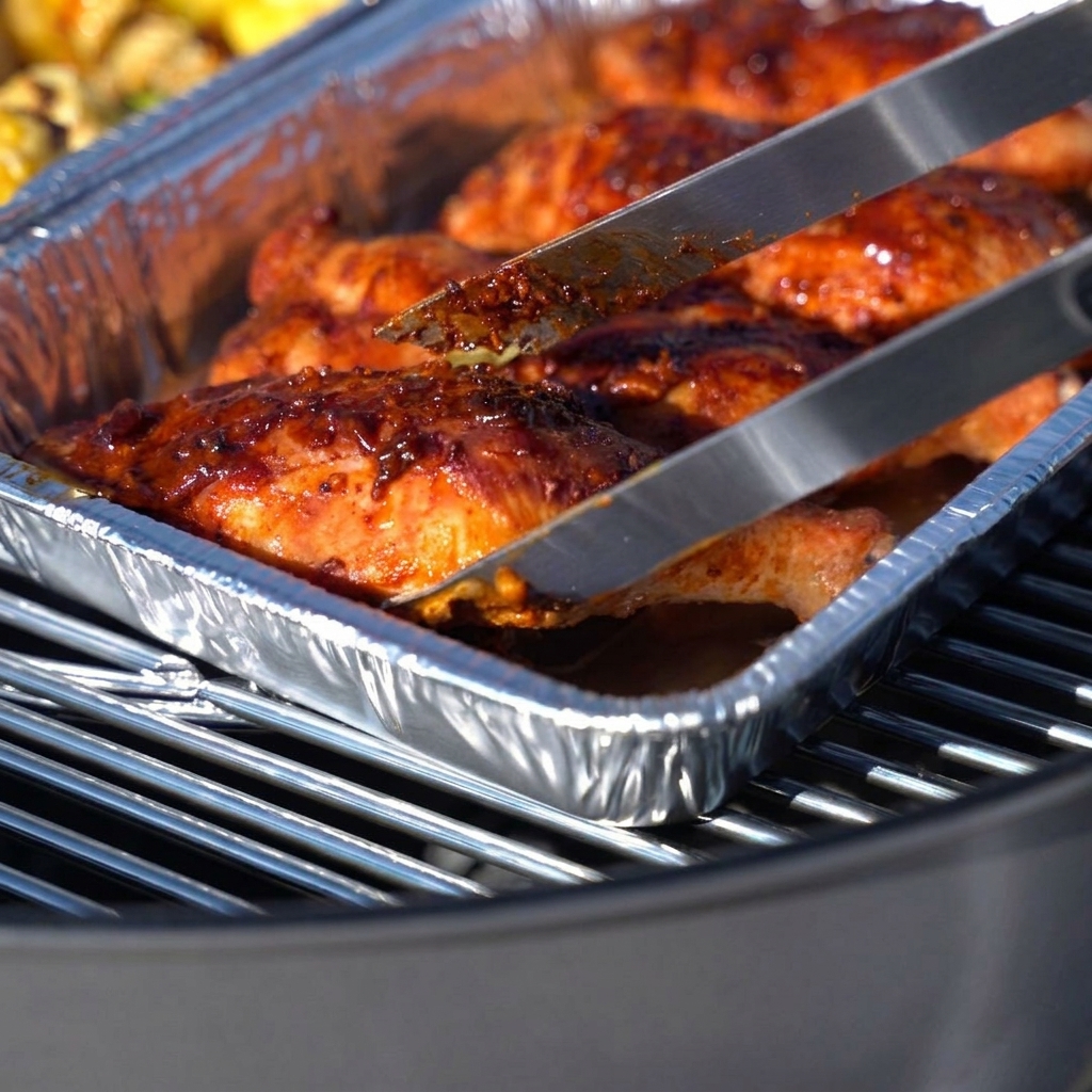 Adding fresh kimchi and white rice cake sticks to the cooking tray on the grill.