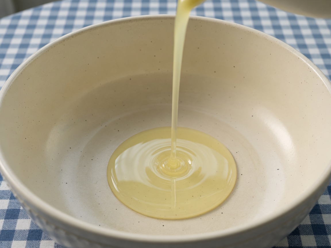 Cooking oil being poured into a clean white pot.