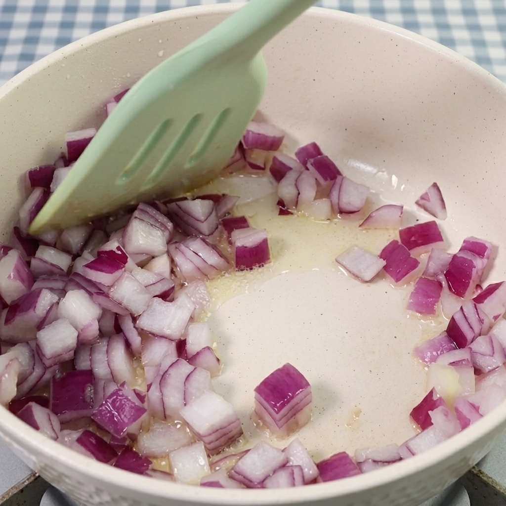 Diced red onions being sautéed in a pot with a silicone spatula.