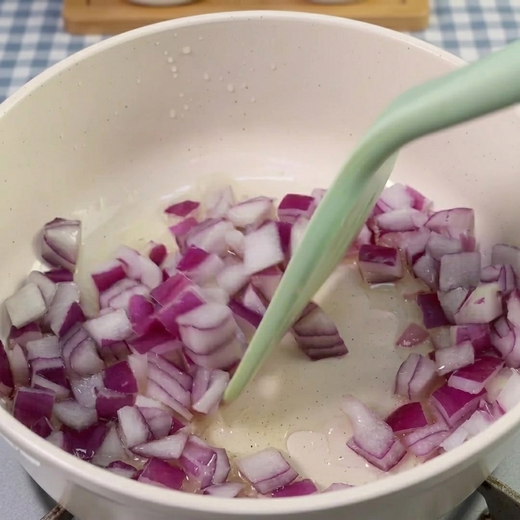Kimchi being added to a pot containing sautéed red onions.