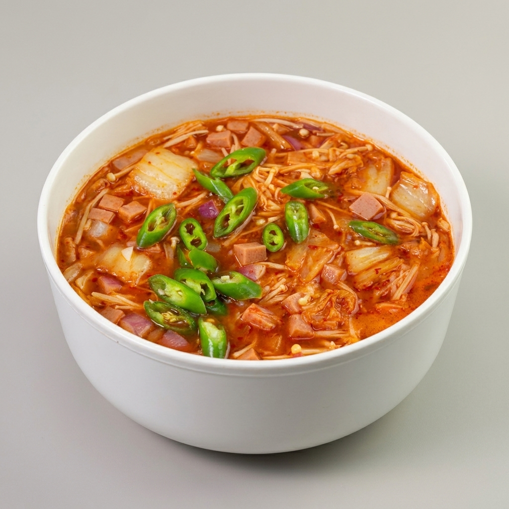 Green chili pepper slices being added to a bubbling pot of spicy kimchi and mushroom soup.