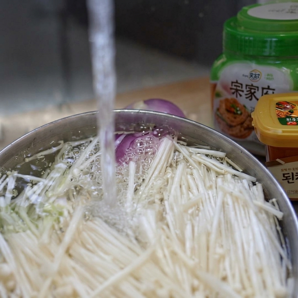 Enoki mushrooms being washed in a bowl under a stream of cold water.