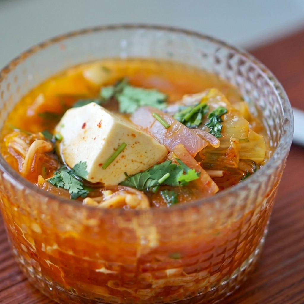 Tofu cubes being carefully added to the bubbling kimchi soup.