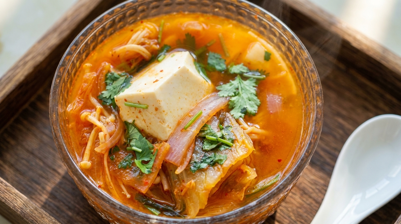 A bowl of Korean mushroom kimchi tofu soup with tender tofu, enoki mushrooms, and fresh cilantro.
