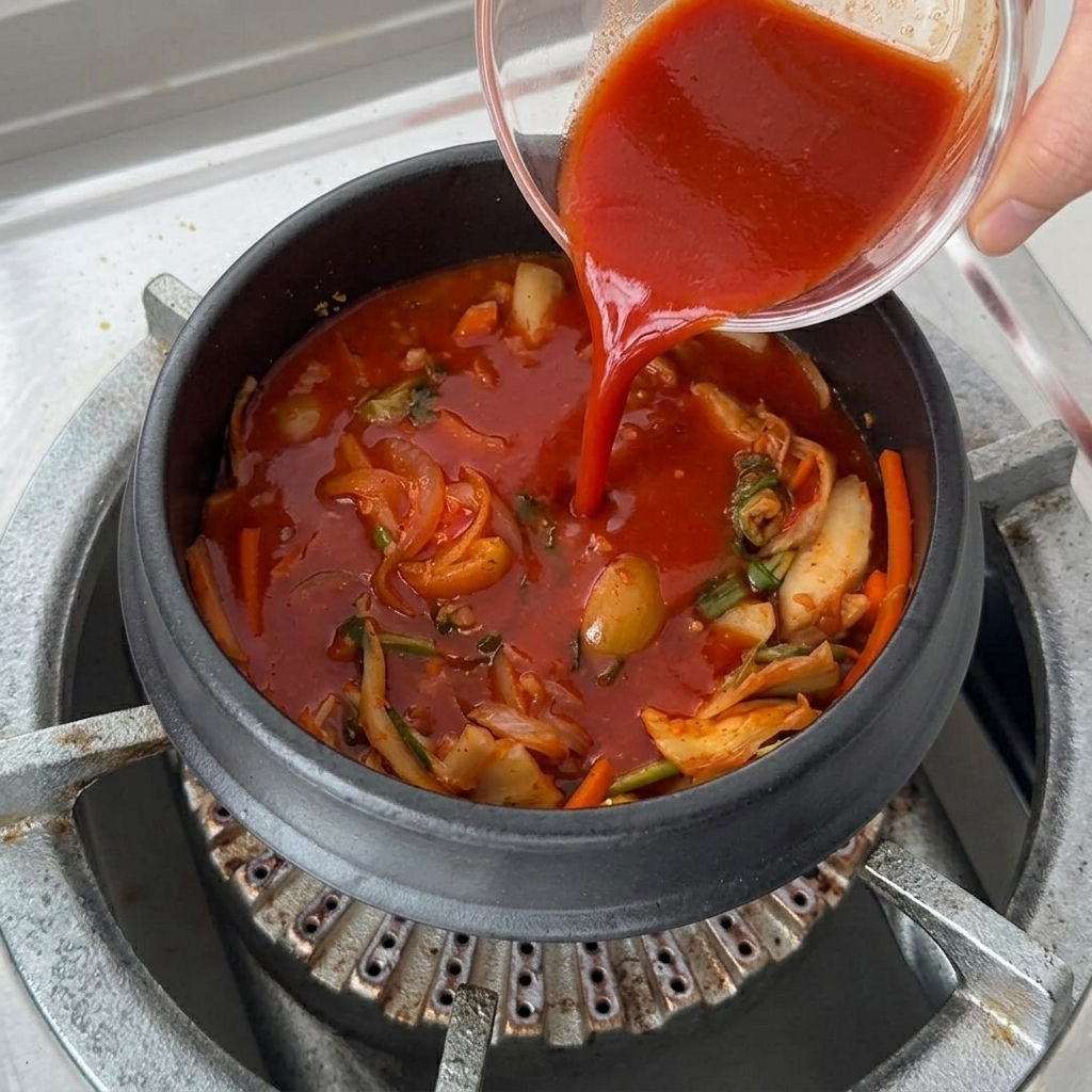 Firm tofu slices and a large bundle of enoki mushrooms being placed into the bubbling red kimchi broth.