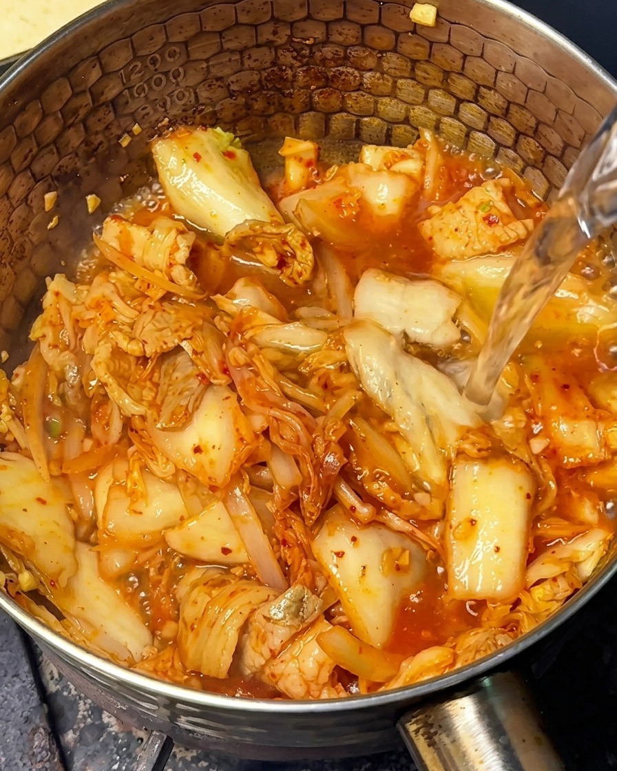 Hot water being poured over the sautéed kimchi and pork mixture in the pot.