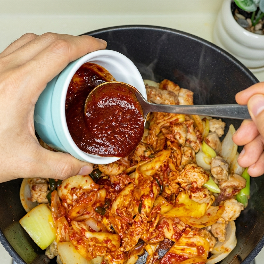 Thick red sauce mixture being poured from a small bowl into the cooking pot.