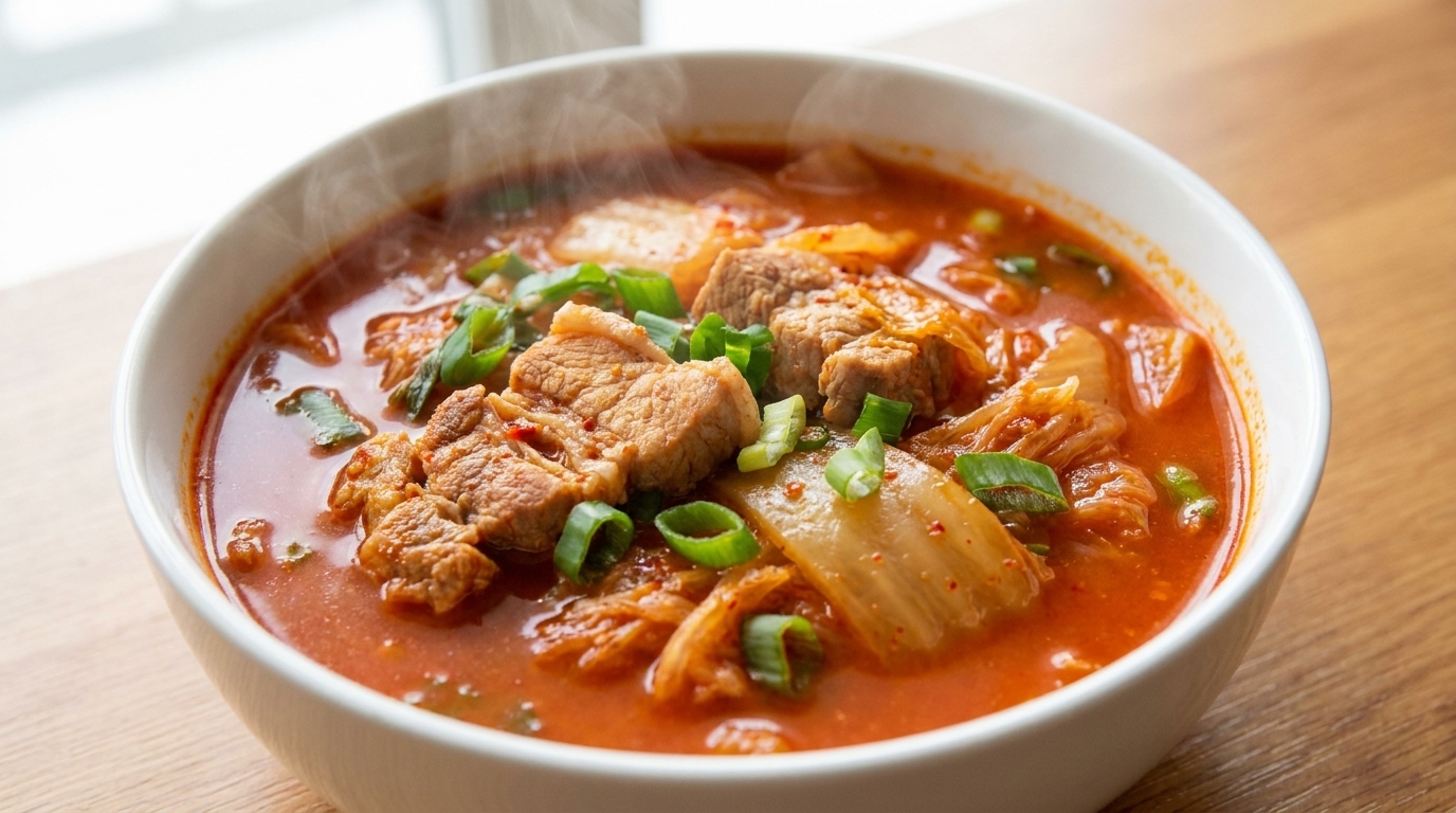 A steaming, flavorful bowl of Kimchi Jjigae featuring tender pork and vibrant kimchi.