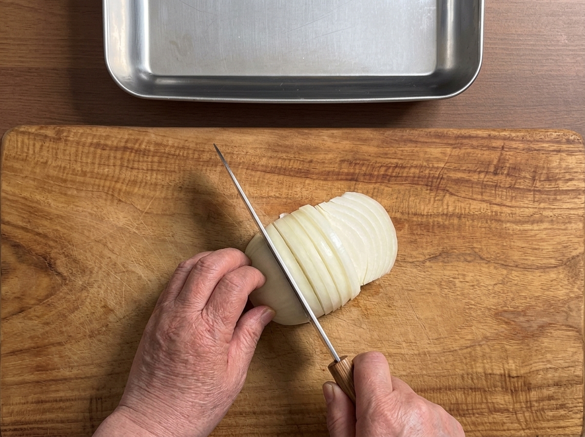 An onion being carefully cut into thick, even slices on a wooden cutting board.