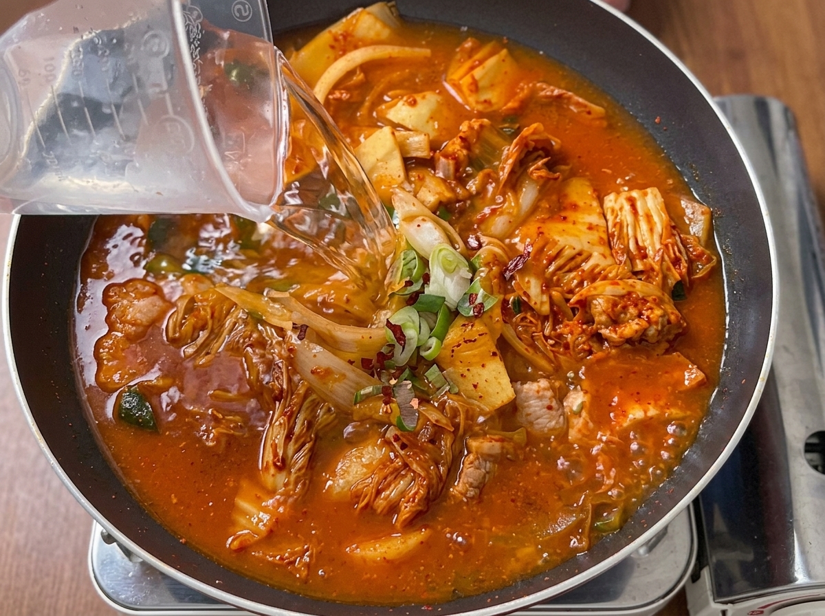 Water being poured from a measuring cup into a pan filled with sautéed kimchi and pork.