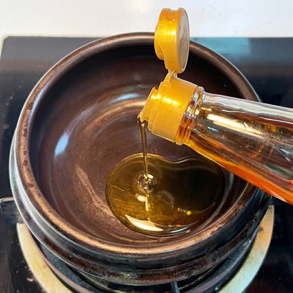 Sesame oil being poured into an empty, heated black earthenware pot sitting on a stovetop.