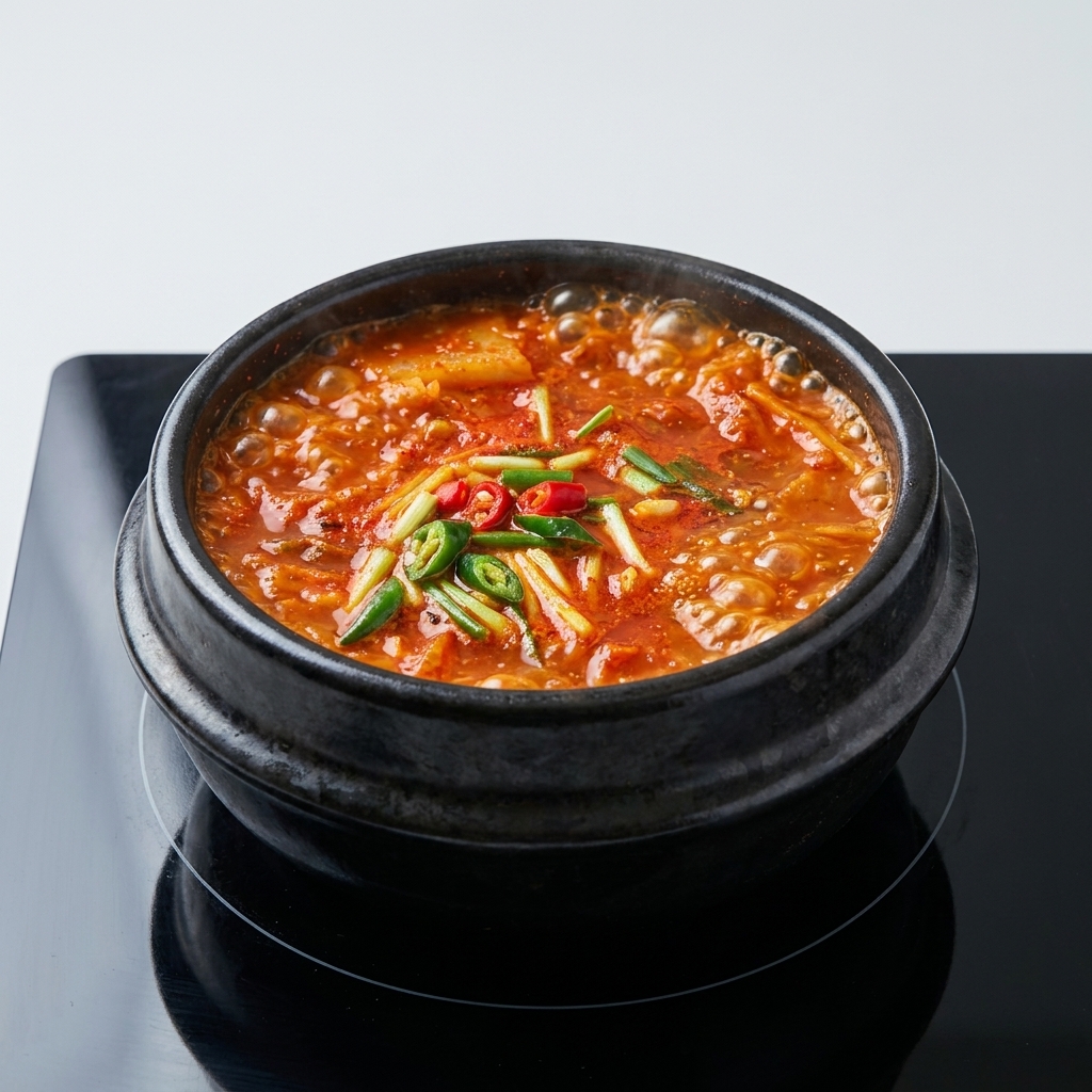 Red chili paste and soybean paste being mixed into stir-frying kimchi and ground pork in a hot pot.