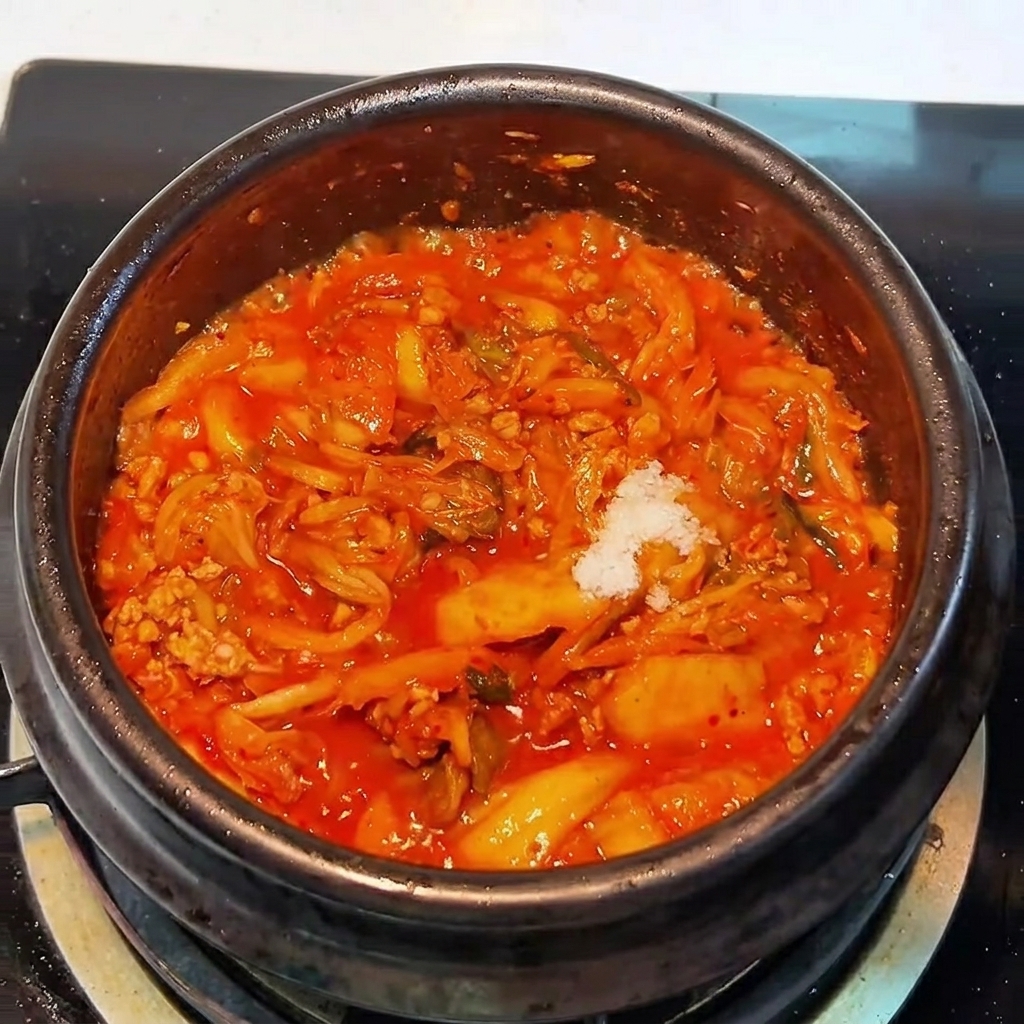 A small pile of white sugar being added to the simmering mixture of kimchi and pork in the pot.