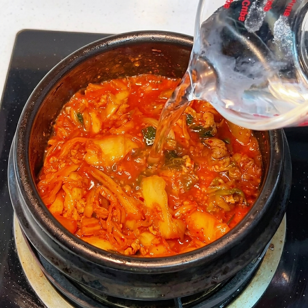Hot water being poured from a measuring cup into the earthenware pot containing the kimchi mixture.