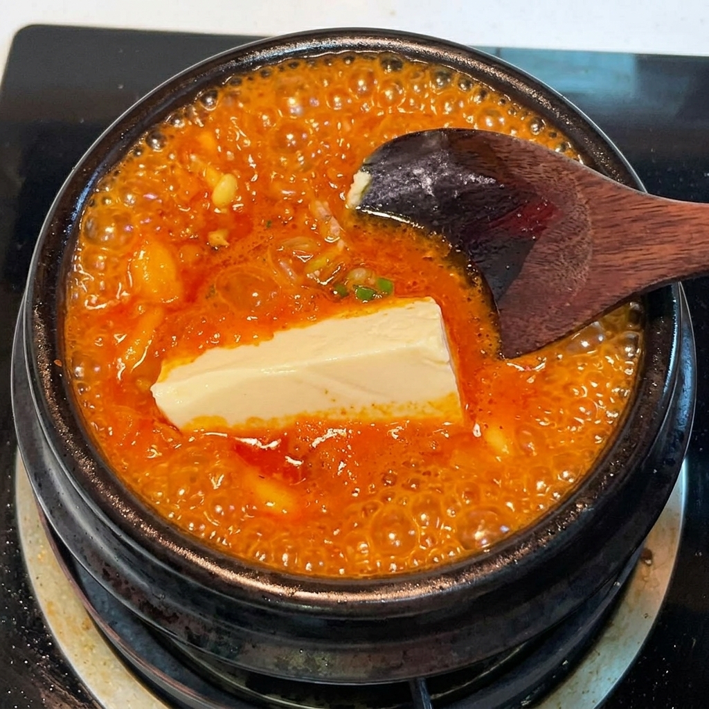 A block of white silken tofu being submerged into a vibrant, bubbling red kimchi stew.