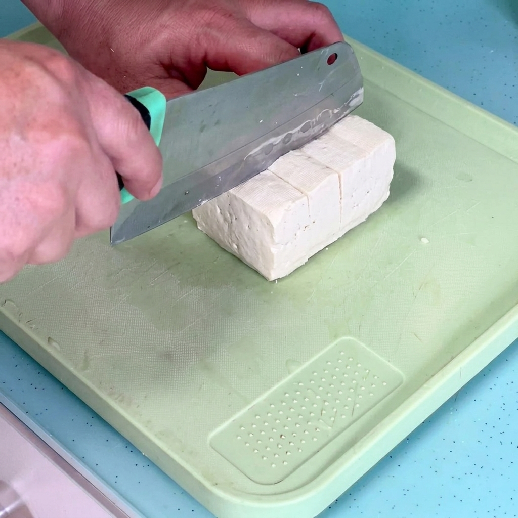 Tofu block being sliced into even 0.8 cm pieces on a green cutting board.
