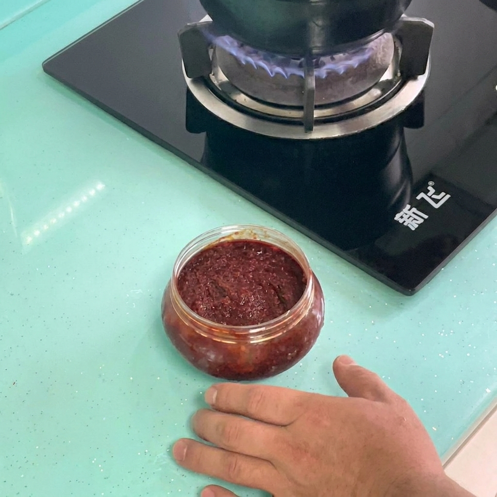 Korean chili paste and soybean paste being stirred into boiling water in a pot.