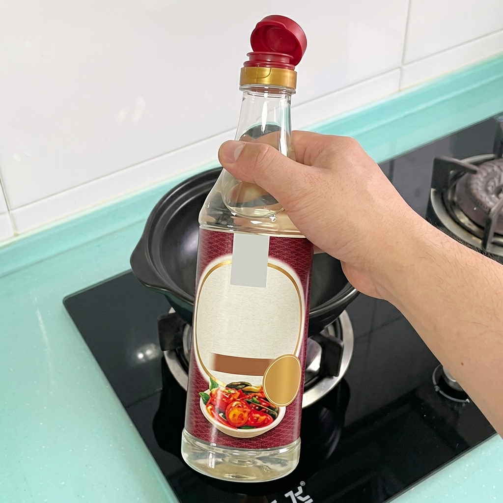 Korean fish sauce being poured from a bottle into the simmering red broth.